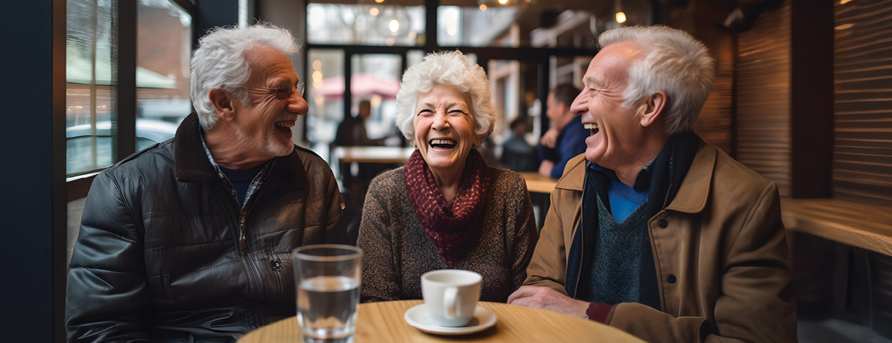 three elderly people laughing in a cafe2